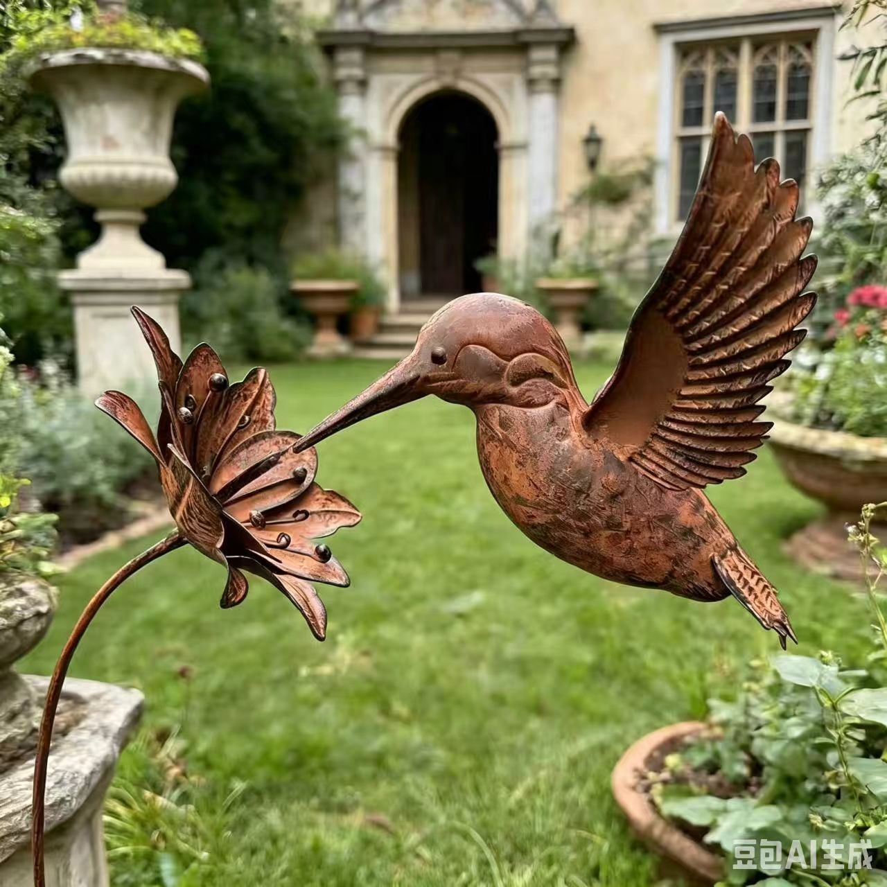 New Courtyard Garden Simulation Rust Bird on Flower Ground Insert Iron Art Craft Outdoor Decoration