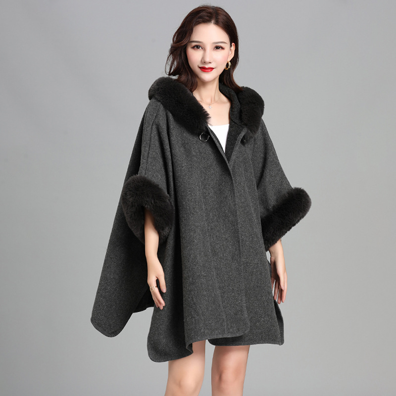 Imitation Rabbit Fur Collar Hooded Large Cape Poncho Women's Knit Cardigan Thick Loose Mid-Length Fur Coat Women