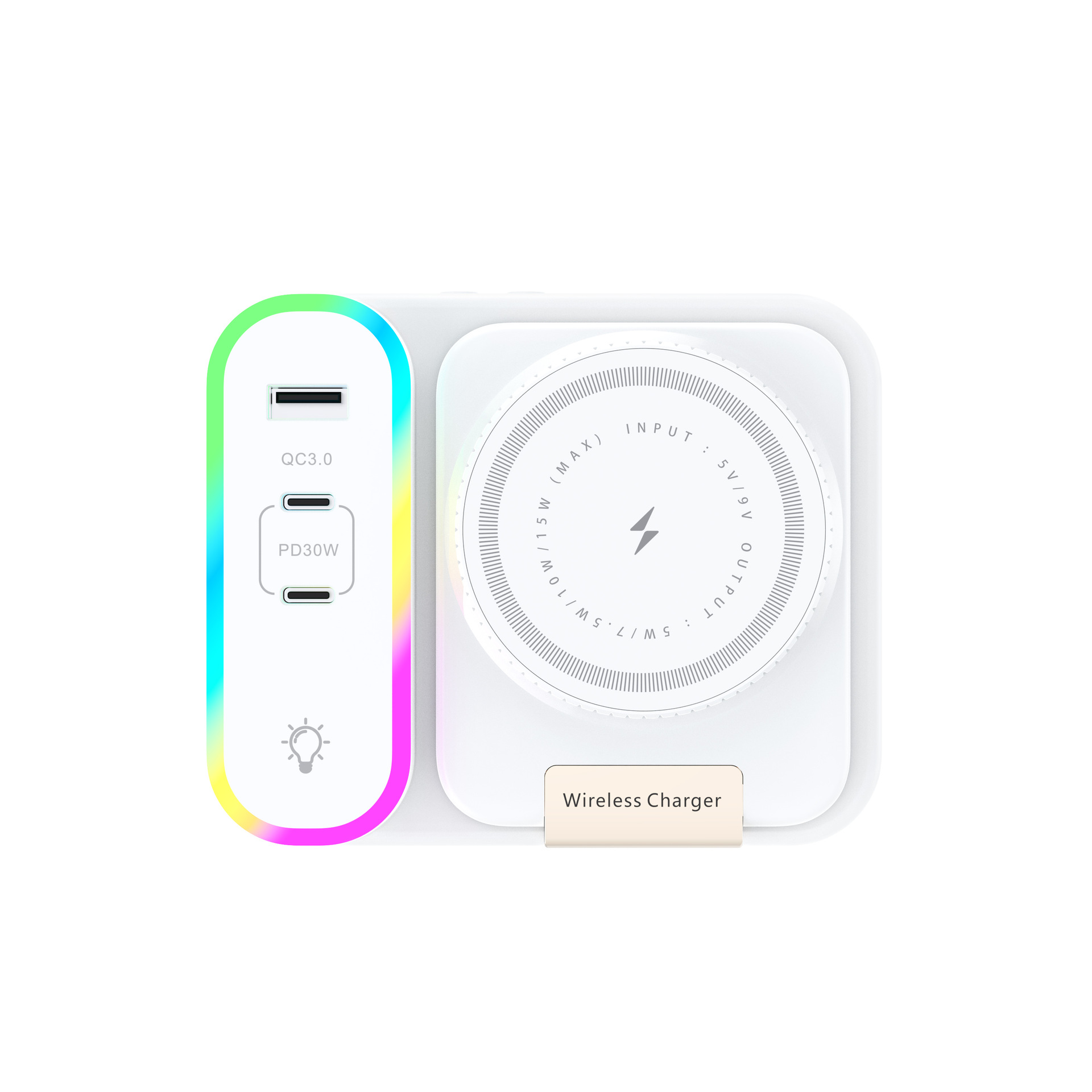 New Private Mold Built-in Retractable Cable Wireless Charger Magsafe Multi-Port Foldable Wireless Charger with Digital Display Clock