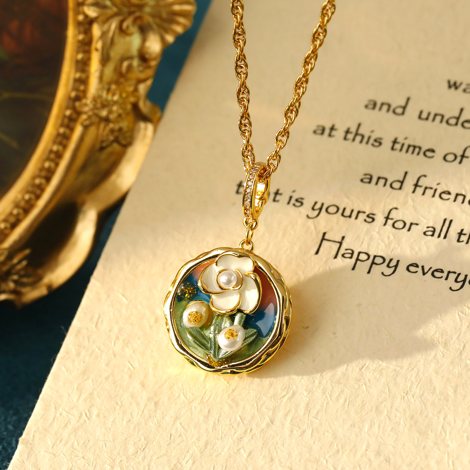 Xiaoxin Real Gold Plated Oil Painting Necklace Vintage Camellia Flower Pendant Sweater Chain Autumn Winter