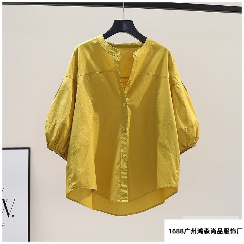 Summer Top Light Blue Stand Collar Lantern Sleeve Shirt Women Fresh Loose Casual Blouse