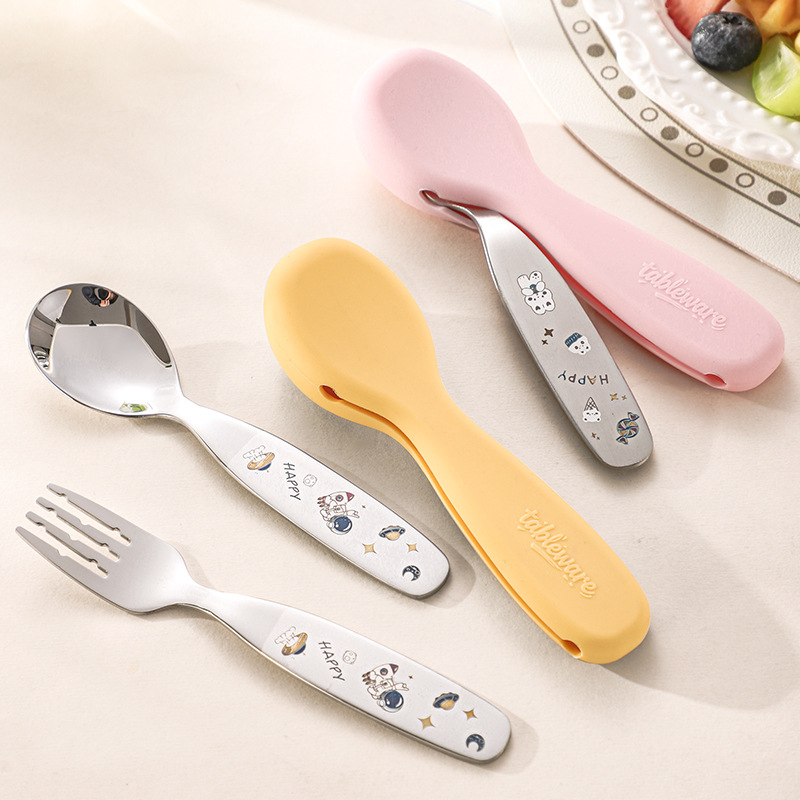 304 stainless steel children's spoon kindergarten cartoon baby food spoon feeding spoon silicone box