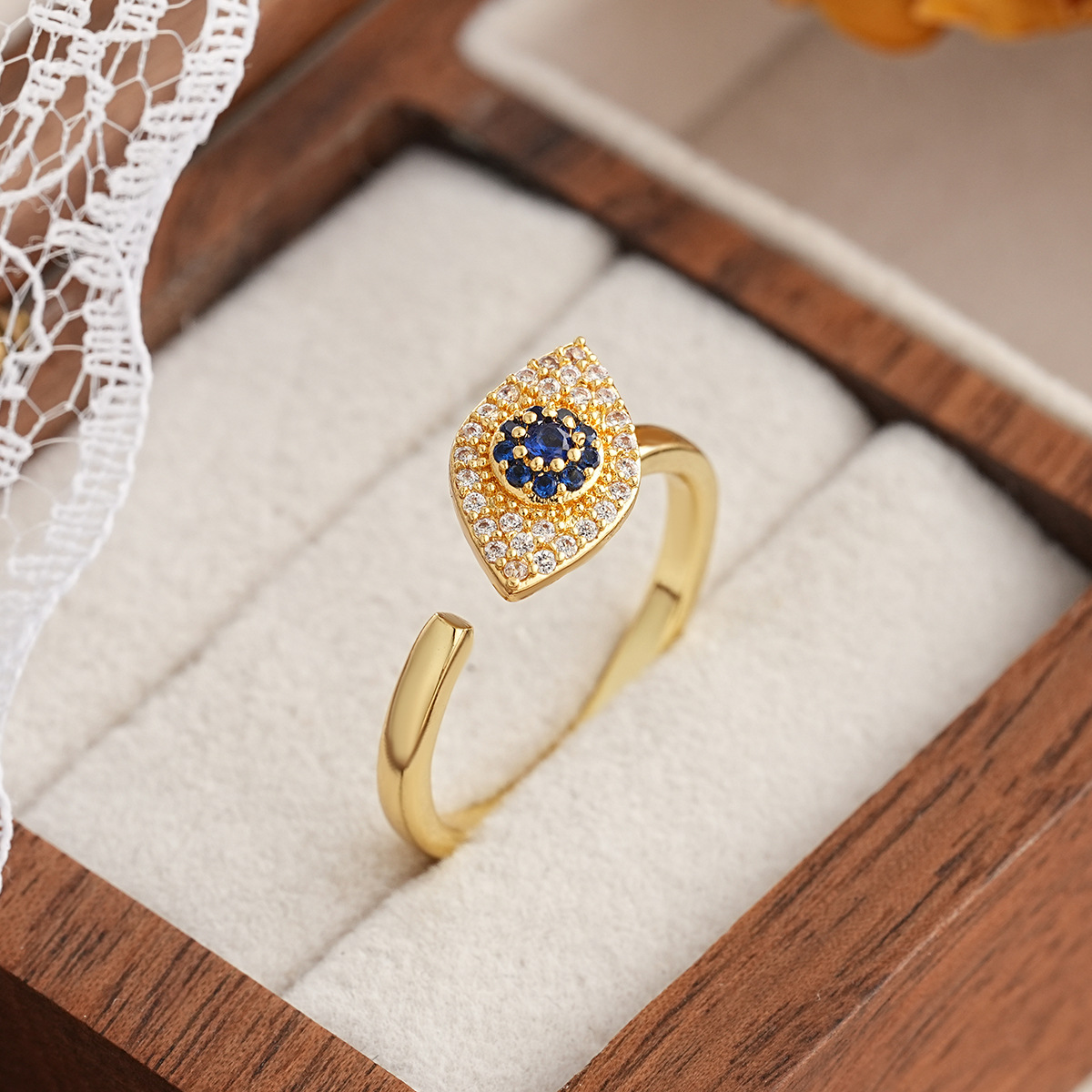 New Product Copper Plated Real Gold 360 Rotating Ring Women's Evil Eye Blue Zircon Open Ring