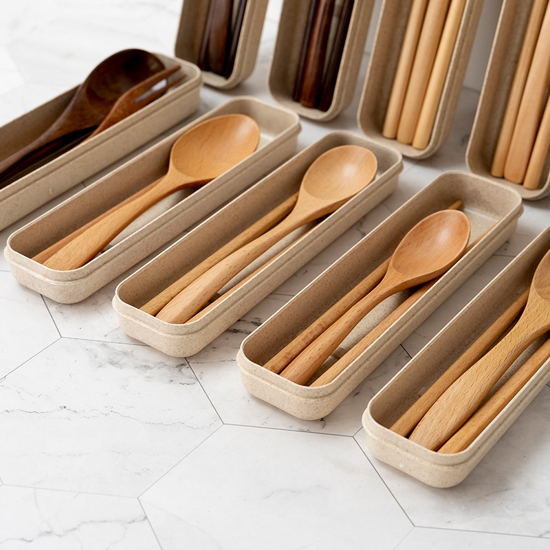 Zhiguang Long Handle Wooden Spoon Outdoor Portable Tableware Travel Set Public Chopsticks Spoon Three-piece Set Rice Noodle