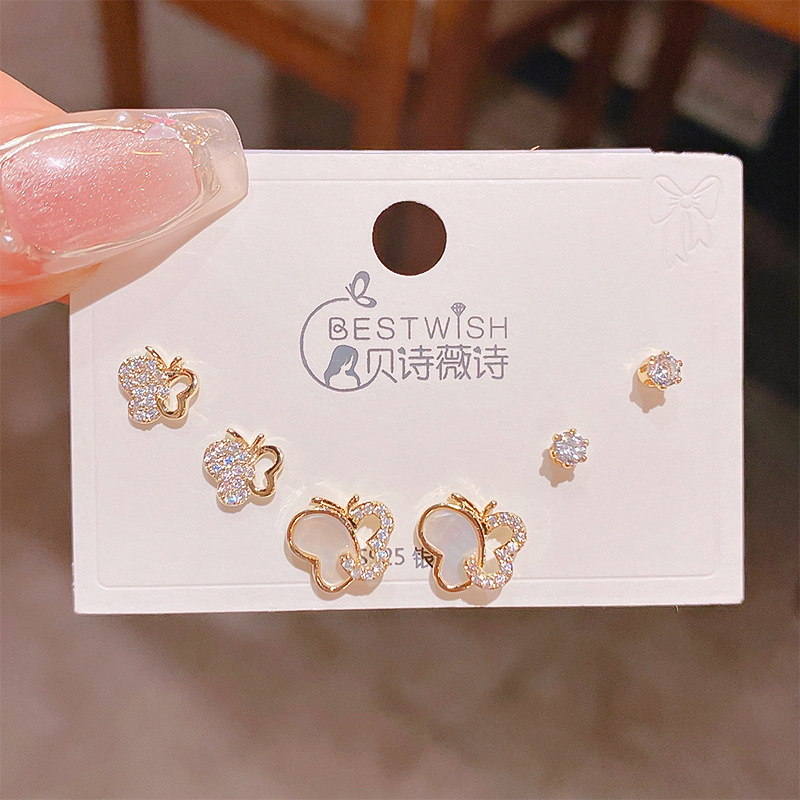 2025 silver needle thick gold electroplated exquisite zircon small earrings 6-piece set three pairs, wind earring accessories