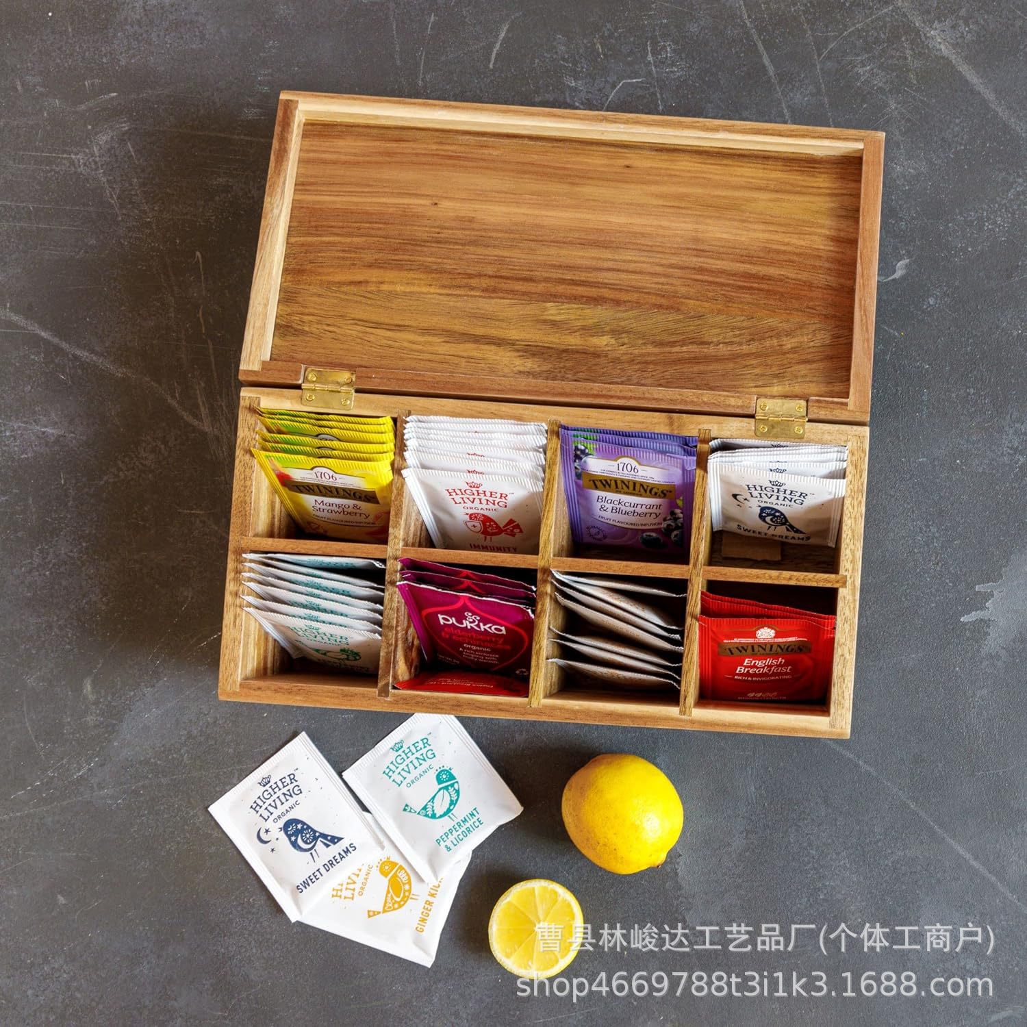 Wooden tea bag storage box, desktop flip-top compartment tea packaging gift box, acacia wood sugar packet storage box