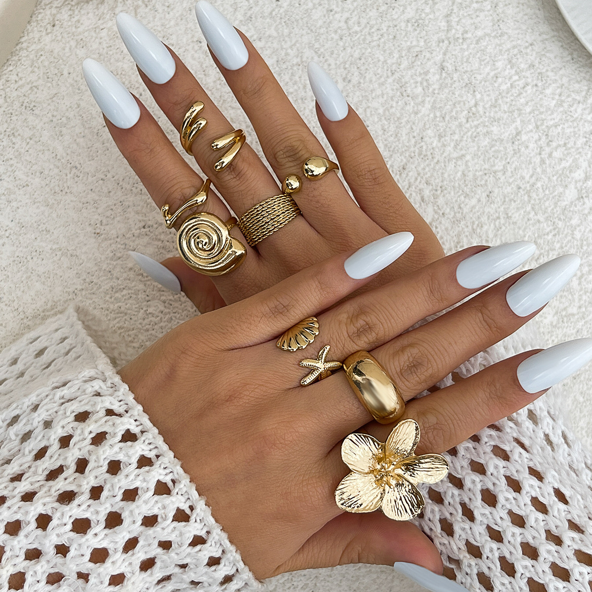 Jewelry vacation style starfish scallop open ring alloy flower ring set smooth surface