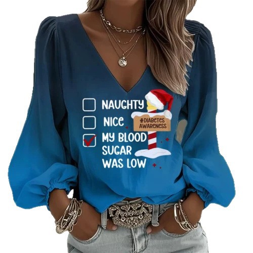 2026 Summer New Floral Festival Print V-Neck Long Sleeve T-Shirt Women's Top