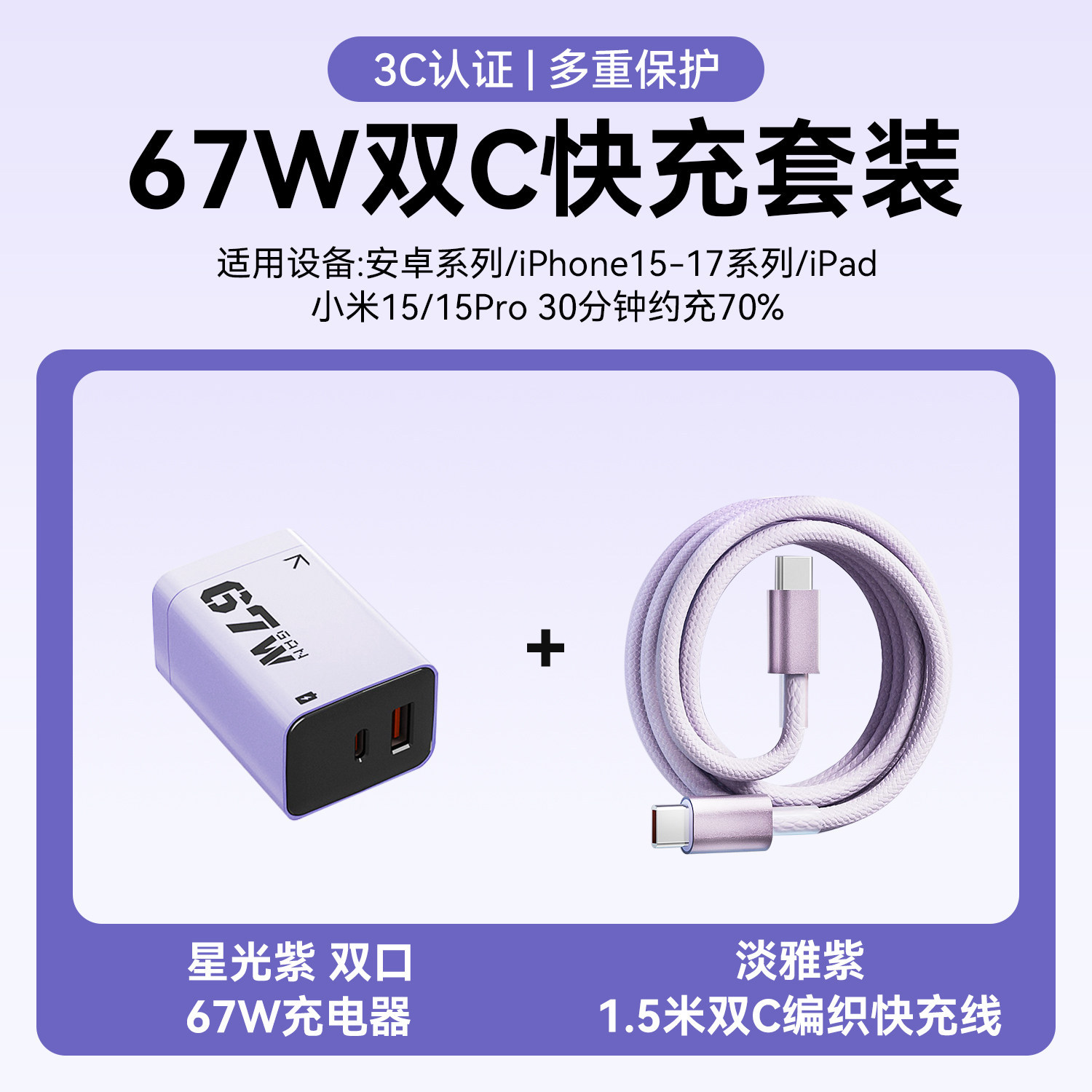 67W Fast Charger for Apple Huawei Xiaomi Android Phone Dual Port GaN Data Cable Set