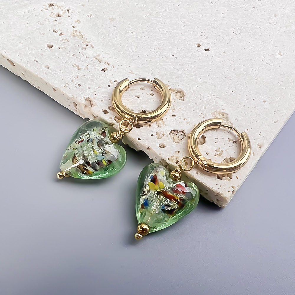 Stainless steel palace girl style gold foil colored琉璃 heart earrings gorgeous style earrings