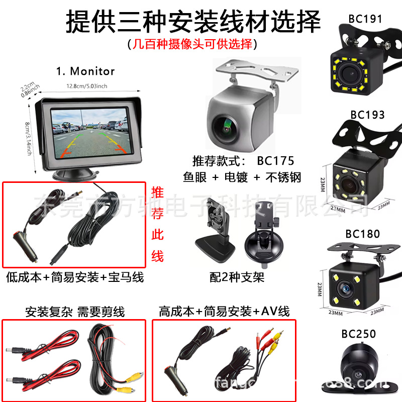 低成本+简易安装+宝马线 + BC175 · 套装 RM430- CVBS 高亮 480*272， 提供三种线材选择 + 各种摄像头