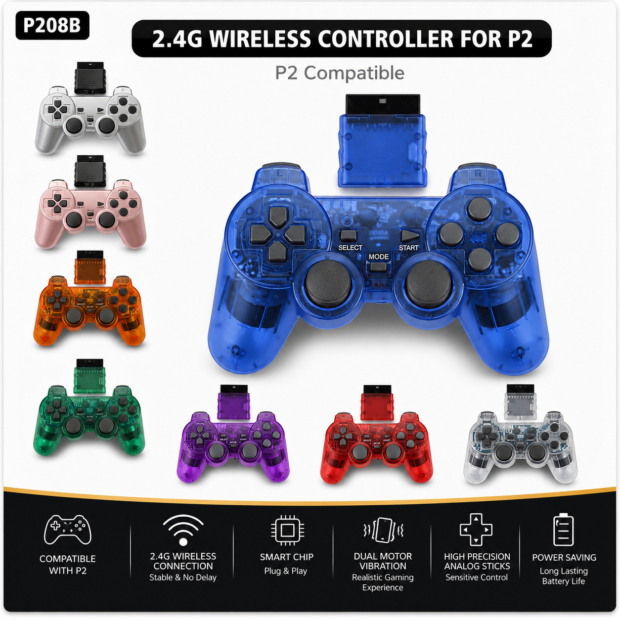 P2 Wireless Game Controller Dual Vibration 2.4G Wireless Supports P2 Console 16 Colors Transparent
