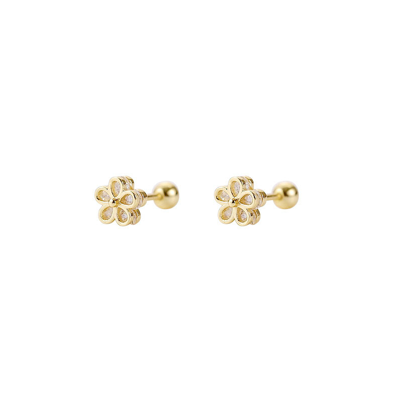 Small Flower Round Bead Sparkling Diamond Five-Petal Flower Screw Buckle Earring Hyuna Style Earring for Women