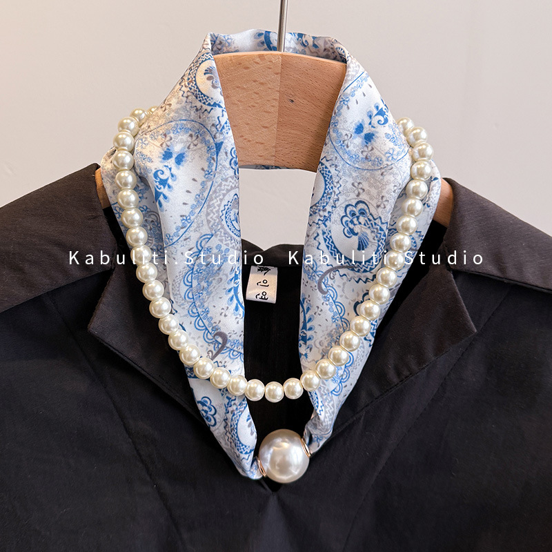 New neck protection pearl small silk scarf for women, two-piece set summer long strip magnetic buckle decorative pendant neck scarf simple wrap