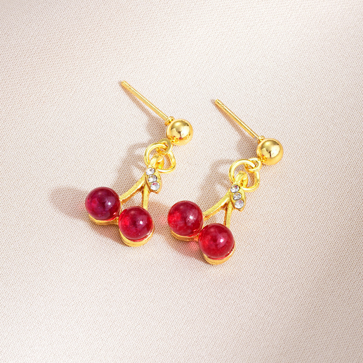 New rhinestone red cherry pendant earrings ear studs whitening ear accessories