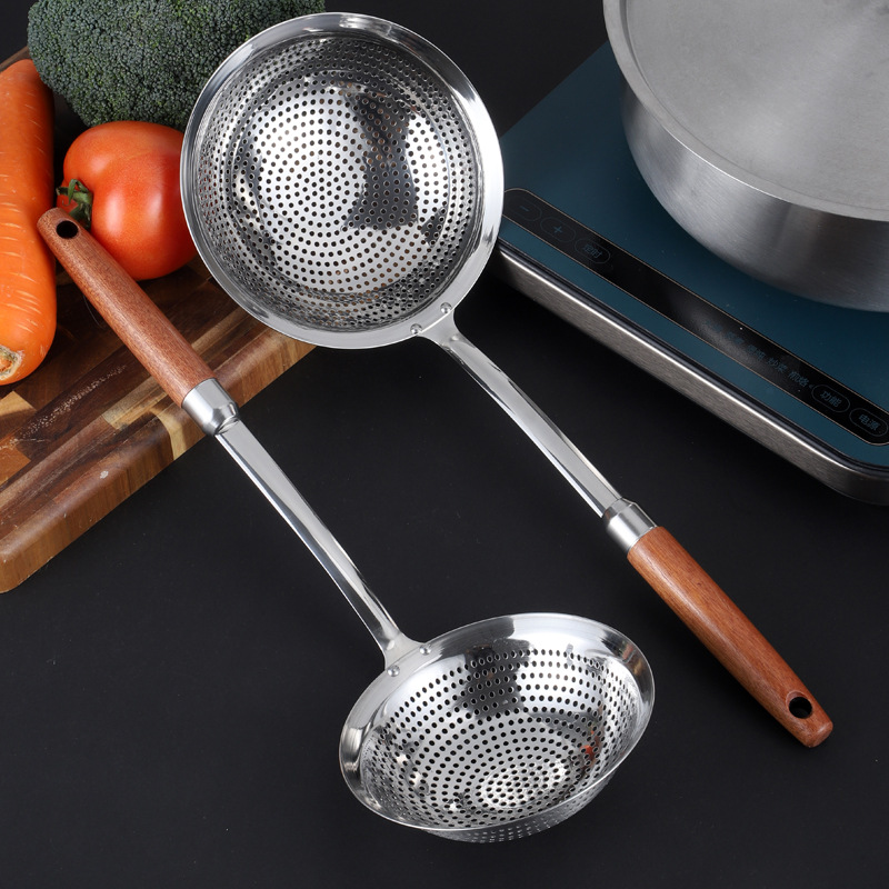 304 stainless steel beech wood handle large slotted spoon long handle hot pot frying skimmer/large size draining filter large slotted spoon kitchenware