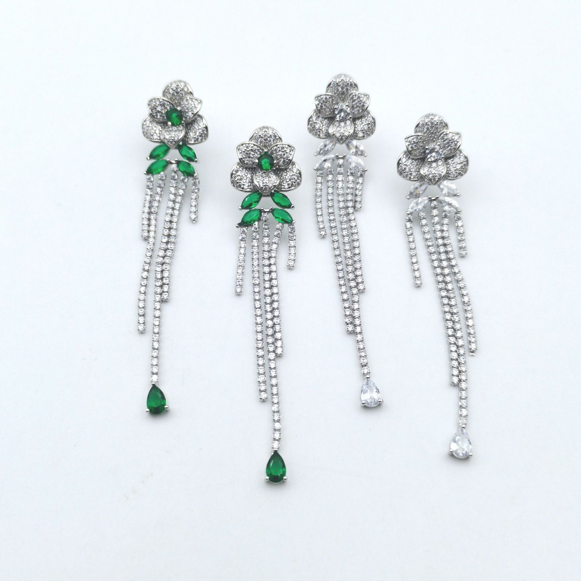 Heavy craft zircon tassel drop earrings S925 silver needle petal stud earrings