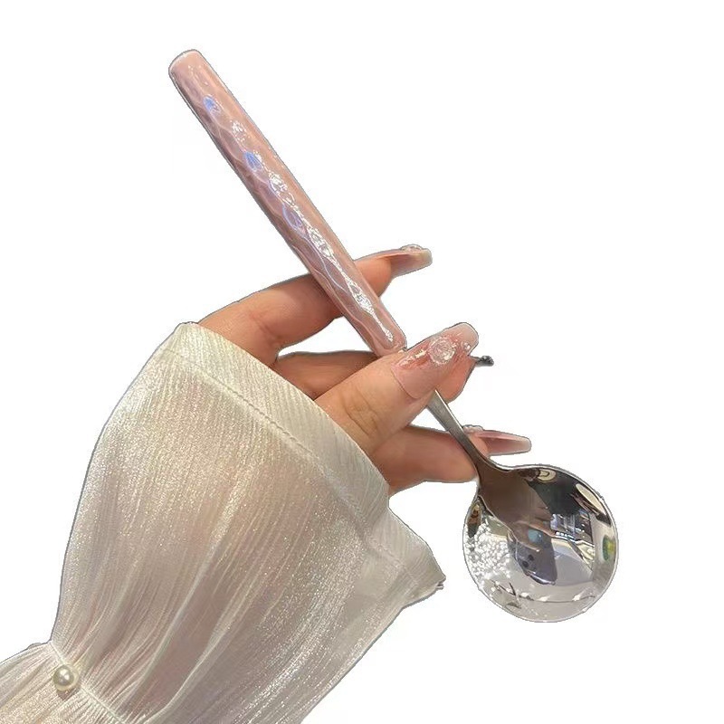 Stainless Steel Spoon Household Soup Spoon Girl Household Plastic Handle Round Spoon Fruit Yogurt Spoon