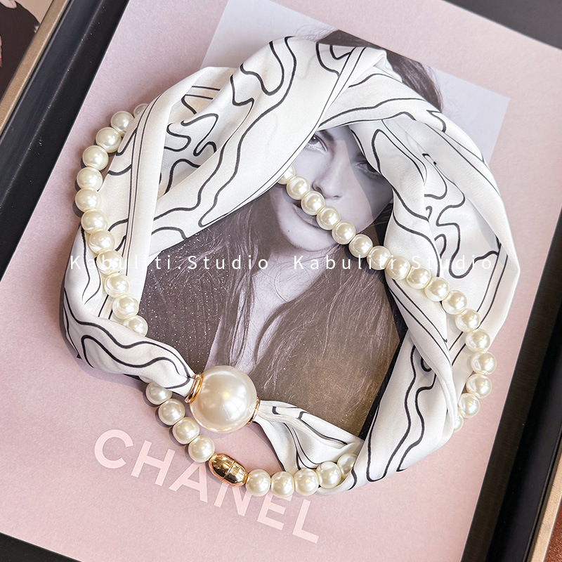 New neck protection pearl small silk scarf for women, two-piece set summer long strip magnetic buckle decorative pendant neck scarf simple wrap
