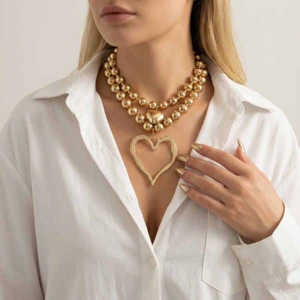 New Exaggerated Irregular Love Pendant Necklace Simple Round Bead Necklace