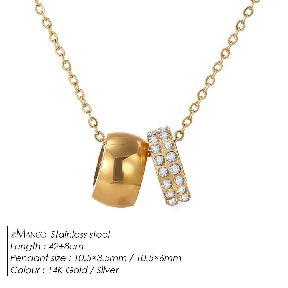 eManco New Stainless Steel Rhinestone Inlay Narrow Face Ring 14k Wide Face Circle Double Pendant Necklace