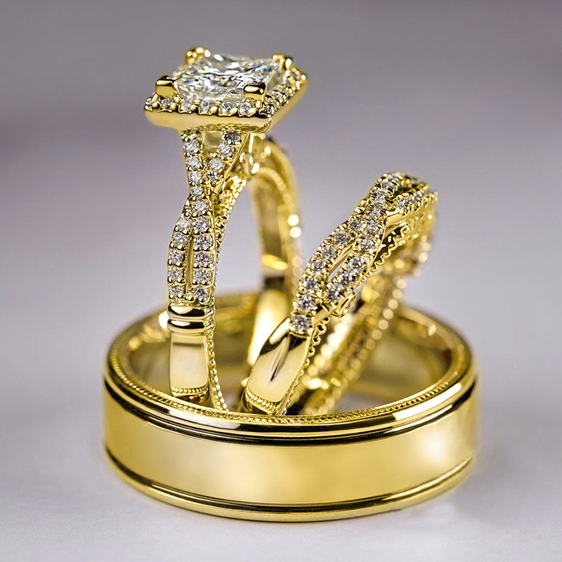 Cao Shi Three-Piece Ring Set Rose Gold Two-Tone Shining Zircon Ring Women's Luxurious Engagement Ring