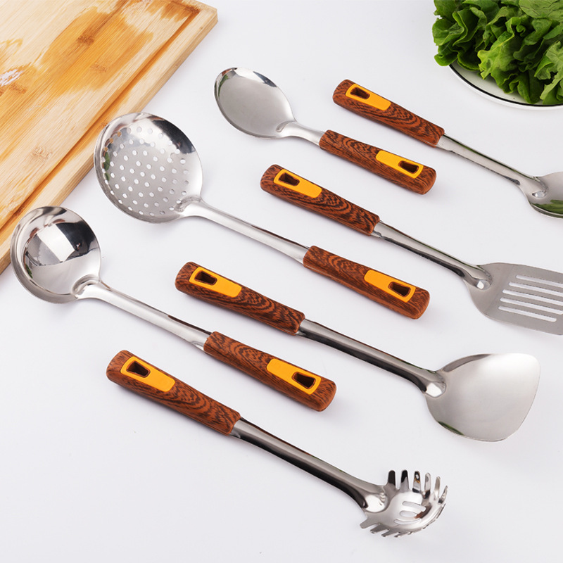 Stainless steel spatula, soup spoon, imitation wooden handle, household items, kitchenware set, kitchen tools, daily necessities