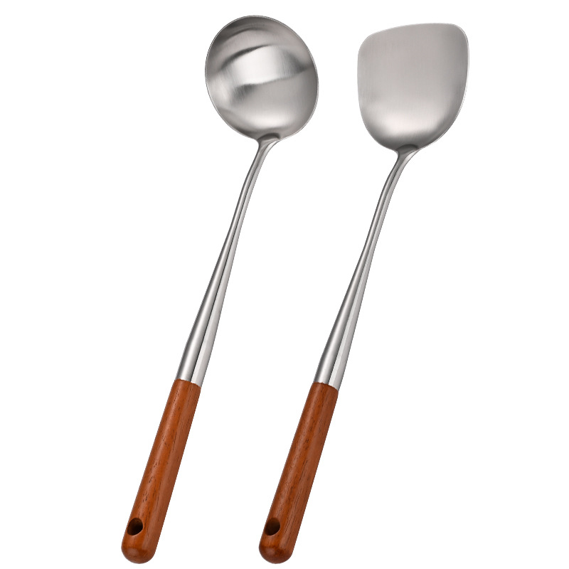 304 stainless steel spatula, soup spoon, chef spatula, cooking spatula, extended wooden handle soup spoon, cooking spoon, small chef spatula