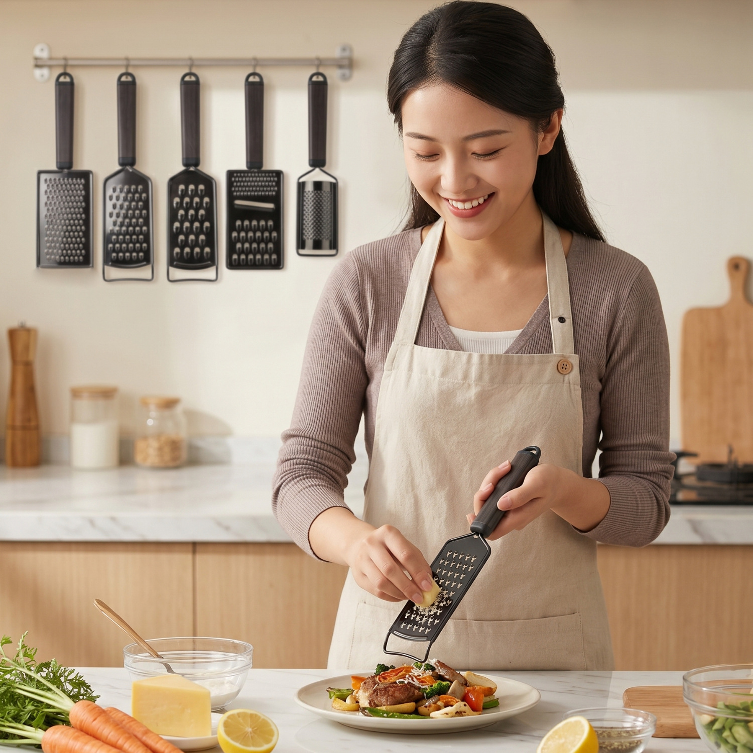 Small hole large hole dual-use stainless steel radish grater imitation wood grain handle household kitchen multifunctional fruit and vegetable grater shredder tool