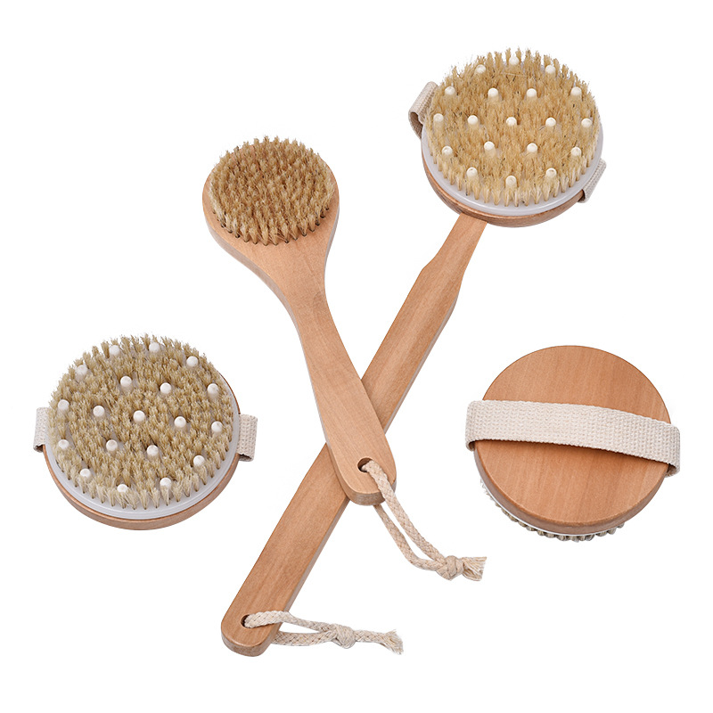 Long-handled bristle bath brush, body scrub brush, dry brushing back scrubber, exfoliating brush