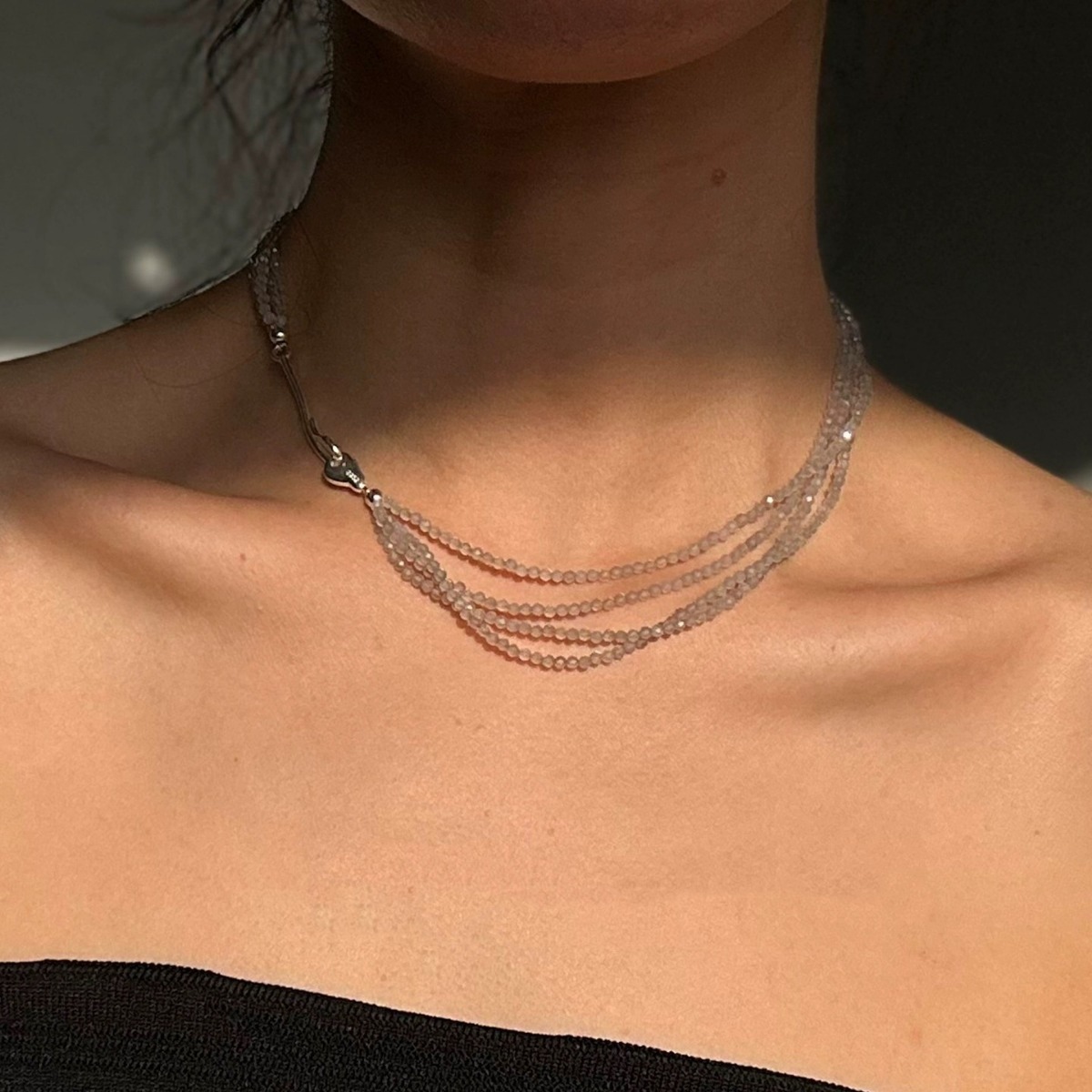New Chinese style natural gray agate, green aventurine, labradorite multi-layer mini beaded silver-plated clasp necklace, collarbone chain