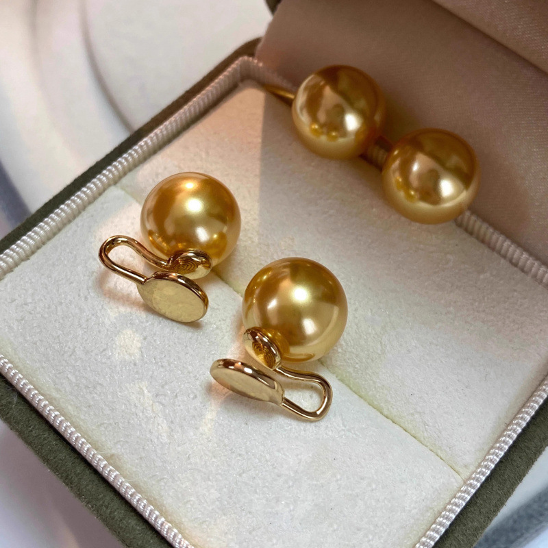 999 silver round round strong light pearl earrings sterling silver stud earrings women South Sea golden pearl no ear hole mosquito coil clip earrings