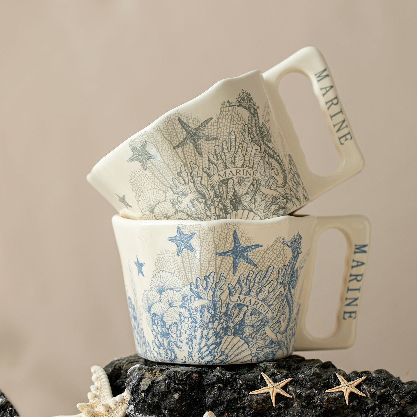 Oil painting ocean starfish ceramic coffee cup saucer home use water cup yogurt oatmeal cup