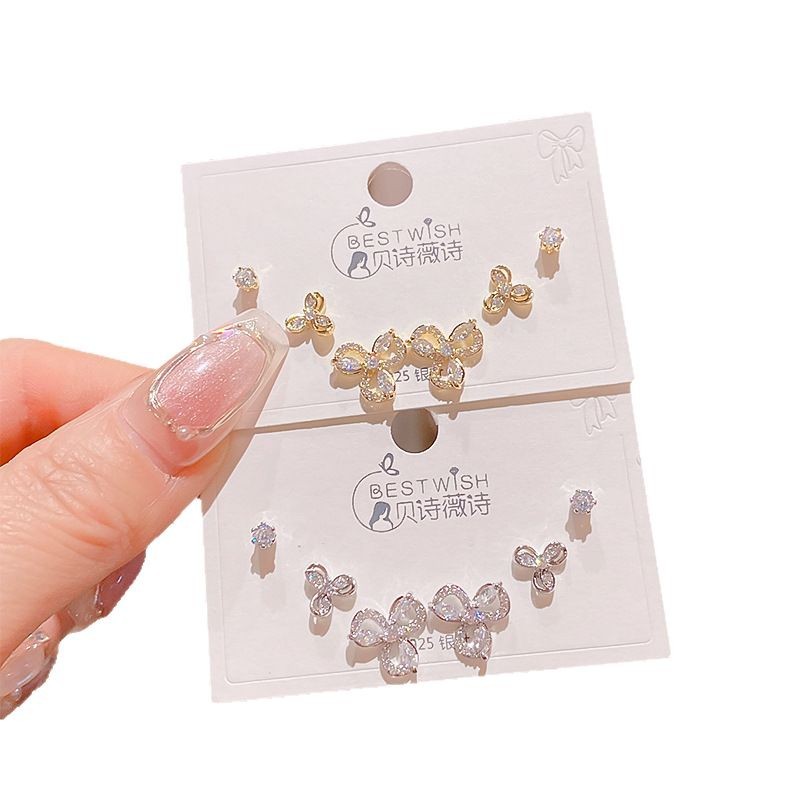 2025 silver needle thick gold electroplated exquisite zircon small earrings 6-piece set three pairs, wind earring accessories