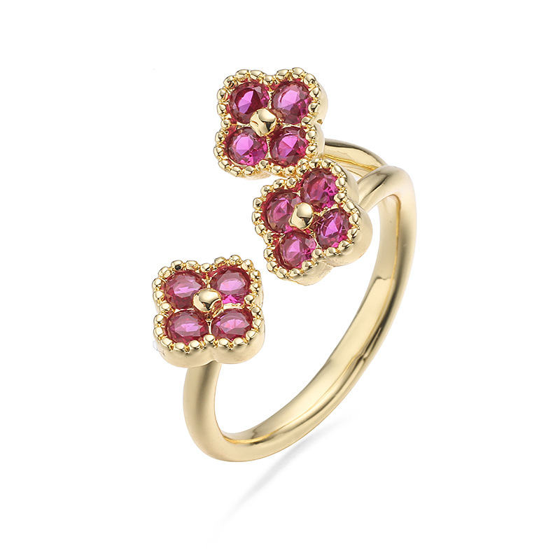 Copper Inlaid Colorful Diamond Lucky Four-Leaf Clover Ring, Exquisite Super Shiny Flower Petals Open Adjustable Ring