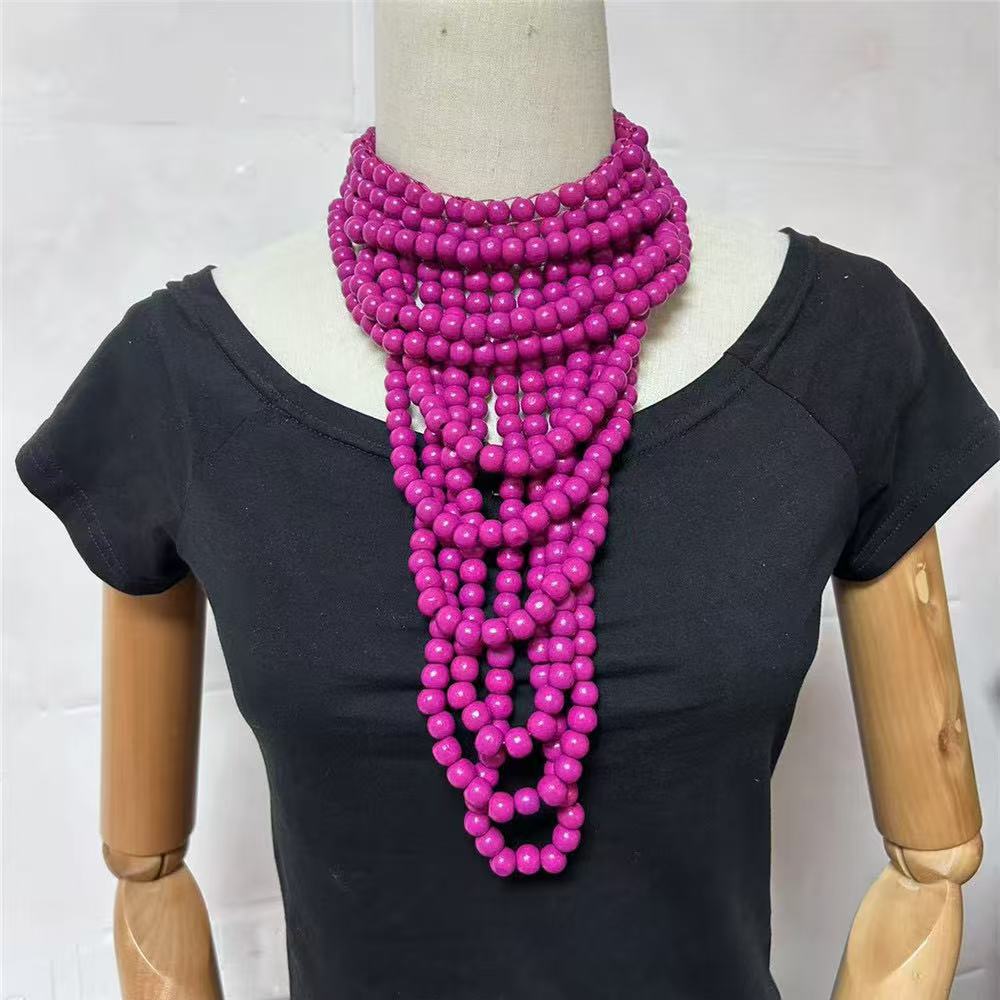 Ethnic style multi-layer colored wooden pieces bead necklace and earring set party accessories necklace