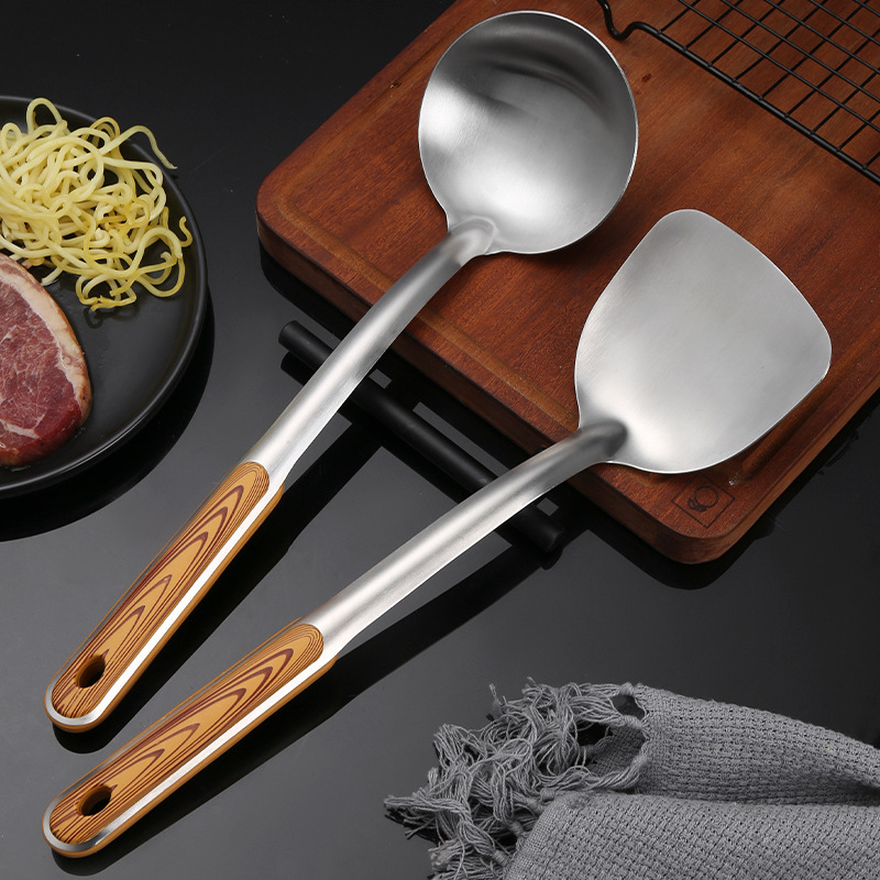 Thickened stainless steel spatula imitation wood grain soup spoon frying spatula household kitchen long handle cooking spatula kitchen utensil