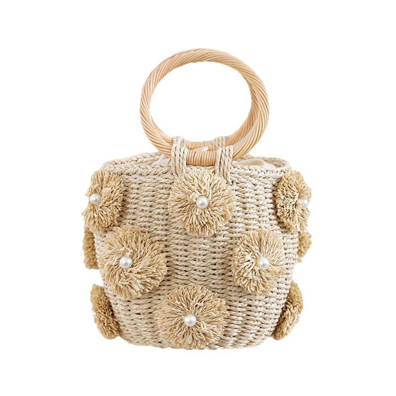 Summer fresh women's handbag, handmade woven pearl flower decoration bucket bag, round bracelet straw bag