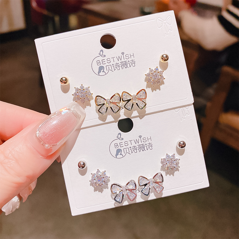 26th batch #1 copper gold-plated solid quality zircon three pairs of earrings, silver needle one card six-piece set