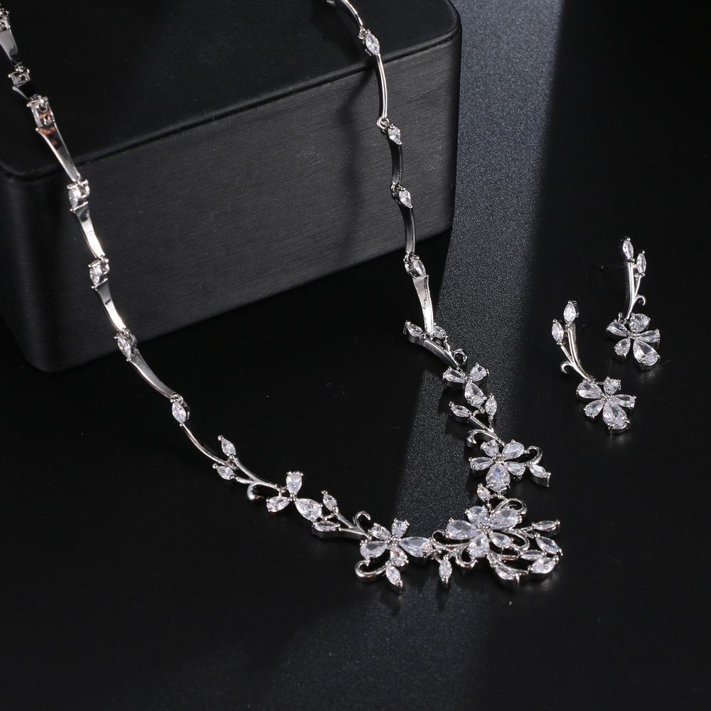 Leaf copper zircon necklace earring jewelry two-piece set bridal accessory gift women