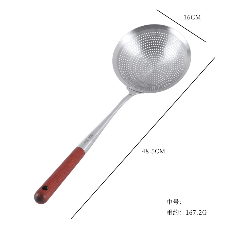 304 stainless steel beech wood handle large slotted spoon long handle hot pot frying skimmer/large size draining filter large slotted spoon kitchenware