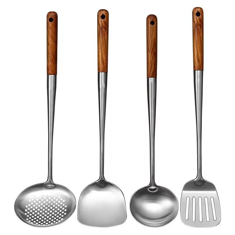 Stainless steel long-handled wok spatula home chef kitchen utensils wok spatula large soup spoon serving spoon padauk wood handle chef series