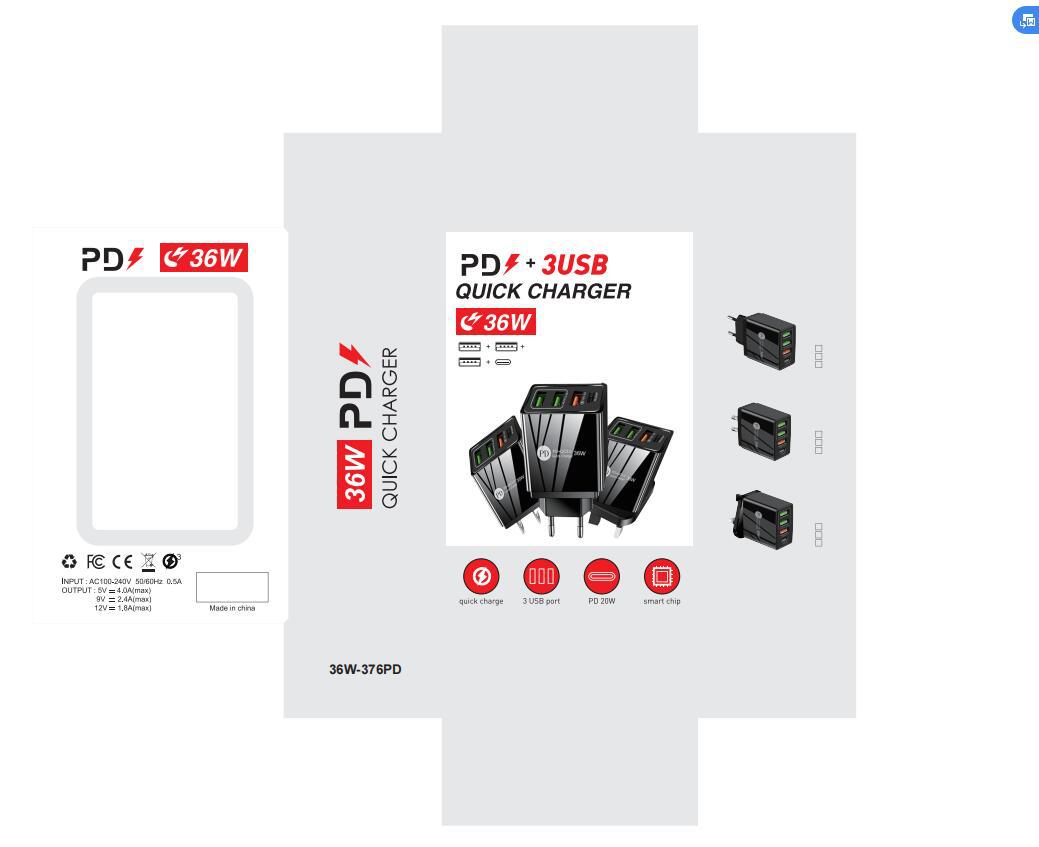 PD36W+3USB2.4A Dual USB Fast Phone Charger Multi-Port Adapter with Light Charging Head Travel Charger