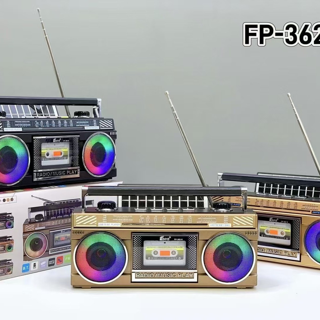 New FP-362-S Solar Bluetooth Speaker Dual Speaker Colorful Light Four-band Tuning Antenna Radio