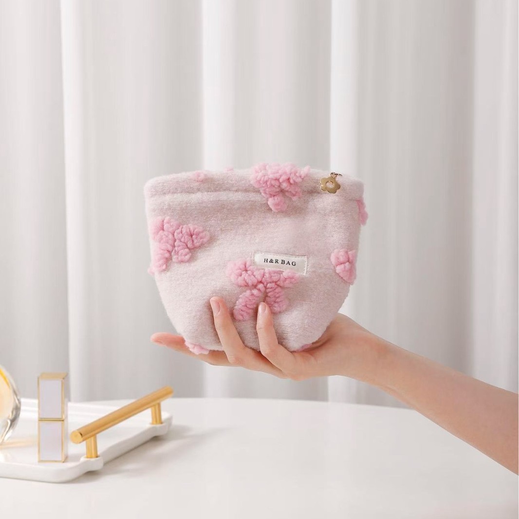 New Flower Cosmetic Bag Pink Storage Bag Canvas Skincare Portable Sweet Girl Handheld Bag