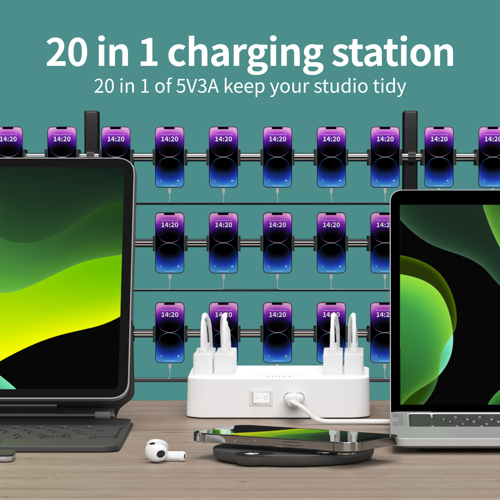 180W multi-port USB charger smartphone live light radiator 20-port office workstation