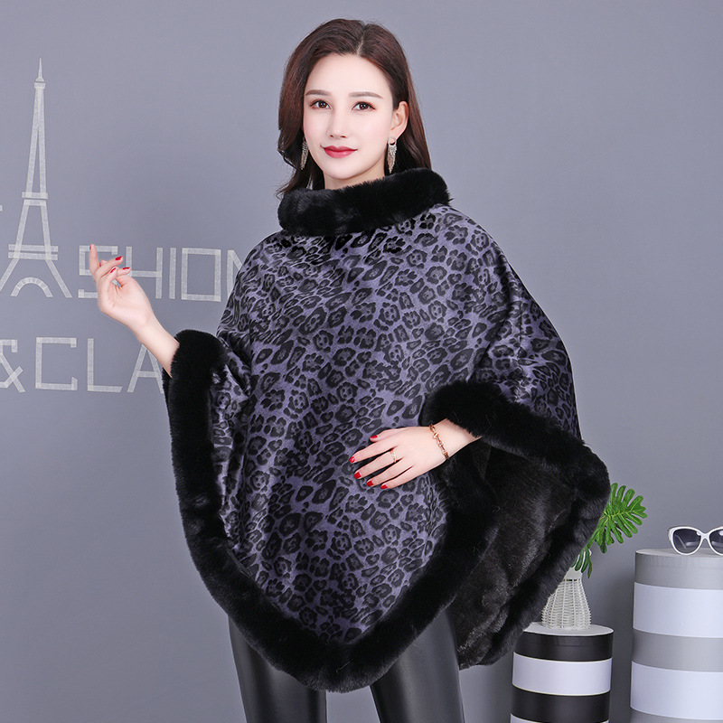 Pullover Street Pullover Poncho Fur Collar Non-Detachable Shawl Leopard Print Knit Fleece Poncho Fur Collar