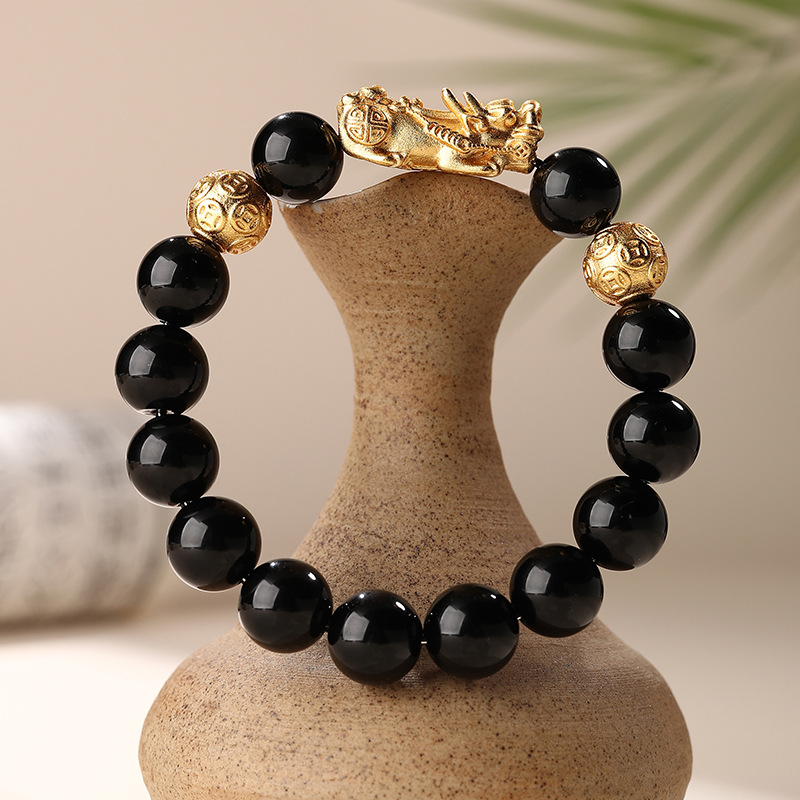 Natural Obsidian Sand Gold Pixiu Bracelet Money Beads Unisex Couple Bracelet Copper Plated Leather