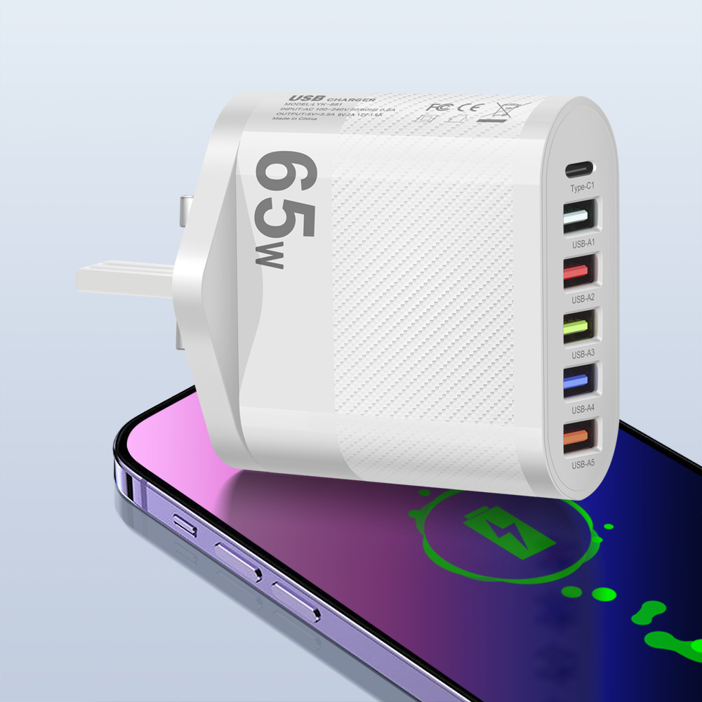 Marked 65W 5USB+Type-c Phone Charger Multi-port Charger UK Plug