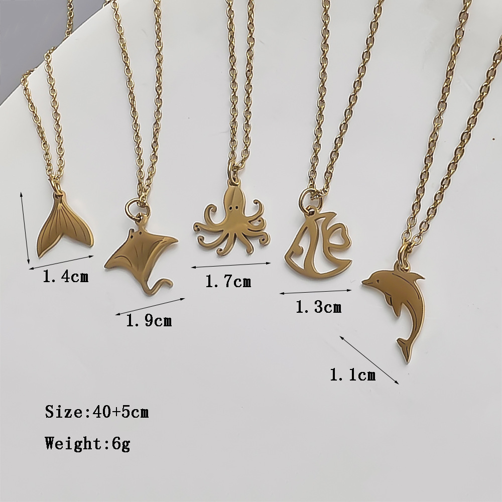 Stainless Steel Ocean Series 18K Gold-Plated Fishtail Dolphin Pendant Necklace—Simple Women's Collarbone Necklace
